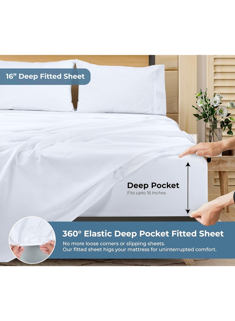 ROYALE LINENS طقم ملاءات كوين من القطن العضوي 100% - نسج بيركال - 4 قطع - 1 ملاءة مسطحة، 1 ملاءة مفصلة بجيب عميق و 2 غطاء وسادة - ملاءات سرير بيضاء - ملاءات كوين - باردة ومنعشة (بيضاء) - Image 3
